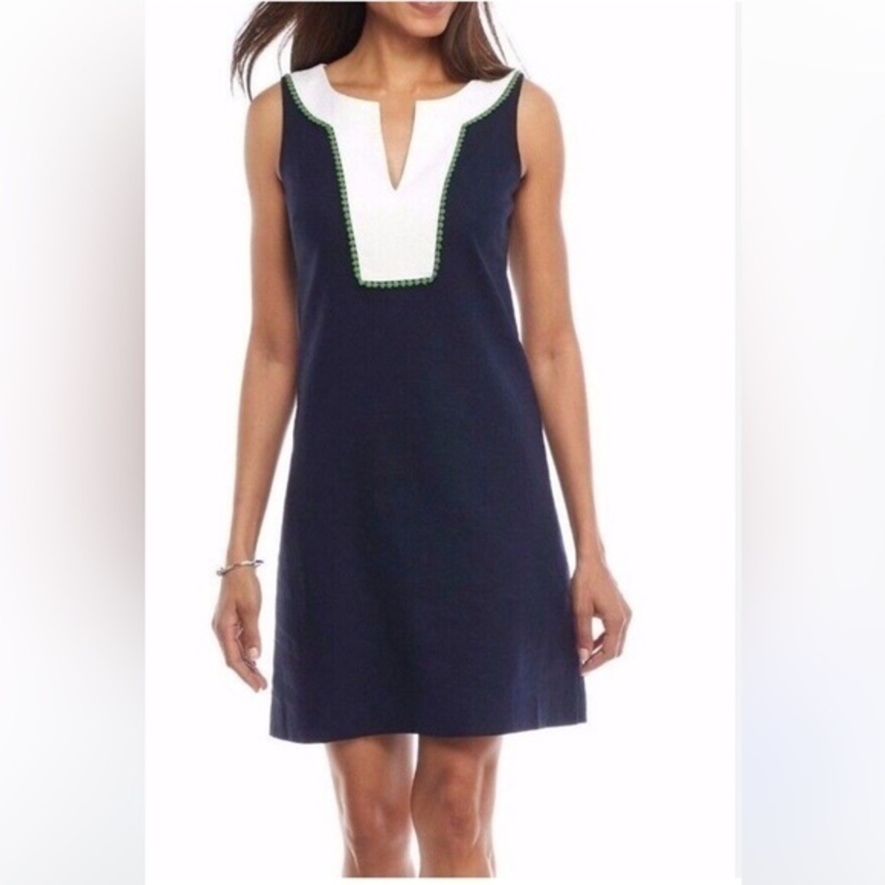 🇪🇸🥑Kensie dress Knee length sleeveless business blue white pink lined linen 2
